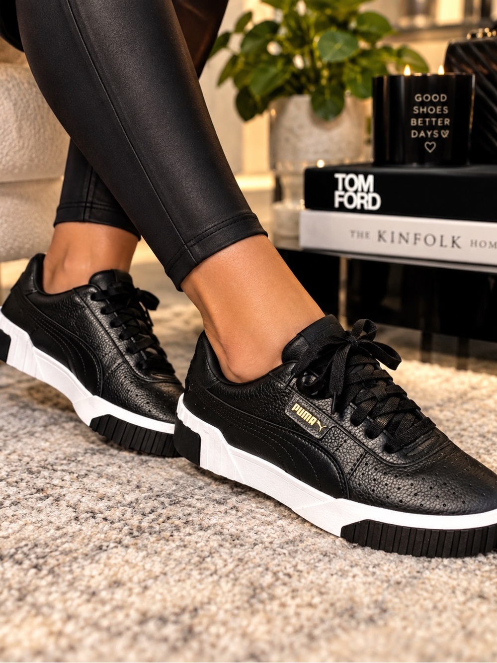 Puma Black Leather Low-Top Sneakers with White Platform Sole